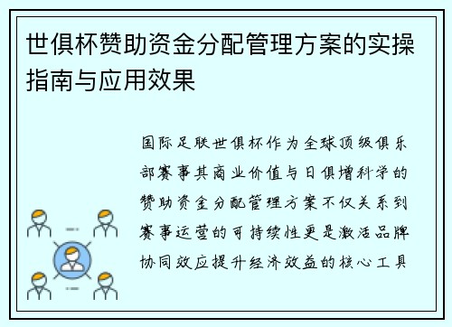 世俱杯赞助资金分配管理方案的实操指南与应用效果
