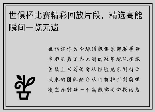 世俱杯比赛精彩回放片段，精选高能瞬间一览无遗